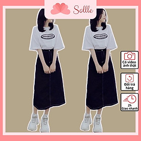 Chân váy bò chữ A jean cạp chun sau free size dáng dài xẻ tà viền chỉ ulzzang Hàn Quốc Sollle