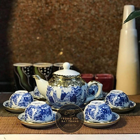 Mua Bộ Ấm Chén Trà Đạo Gốm Trắng Men Lam Bát Tràng Trúc Lâm Thất Hiền Dáng Thủy Bình Dung Tích 300ml (Bộ Ấm Chén) ATA 11