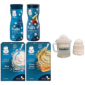 Combo Gerber Ăn Dặm Toàn Diện 2 (gồm 2 bột Gerber Bột gạo và Lúa mì mật ong, 1 Gerber Dâu Táo, 1 Gerber Việt Quất) tặng bộ vắt cam và nghiền thức ăn đa năng