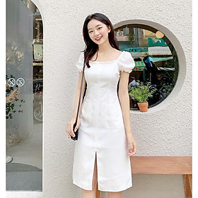 ĐẦM TẾT COTTON TRẮNG XẺ TA TAY NGẮN CỔ VUÔNG DÁNG SUÔNG ÔM-hình thật shop chụp