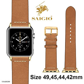 Dây Da Apple Watch 49mm 45mm 44mm 42mm, Chất Liệu Da Bò Cao Cấp, Phong Cách Vintage Thread Hoài Cổ, Đơn Giản Và Tinh Tế, Tương Thích Các Phiên Bản Series Ultra2/Ultra/SE2/SE/10/9/8/7/6/5/4/3/2/1 - Hàng Chính Hãng SAIGIO - Vàng Bò - Vàng