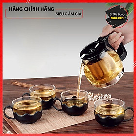 Bình Pha Trà Thuỷ Tinh Cao Cấp Có Lưới Lọc Tiện Lợi Bộ Ấm Chén Uống Trà Kèm 4 Cốc Thiết Kế Sang Trọng Dung Tích 700ml