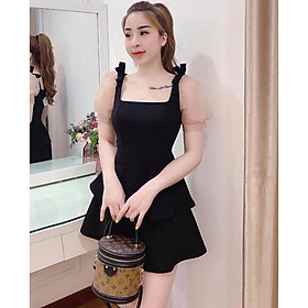 Đầm xoè tầng nơ vai tay phồng phối voan kèm mút + Ảnh thật