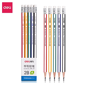 Vỉ 10 bút chì gỗ tự nhiên kèm đầu tẩy Deli - dễ gọt và nhạy với máy chấm thi loại HB/2B phổ thông chuyên dụng - 33431