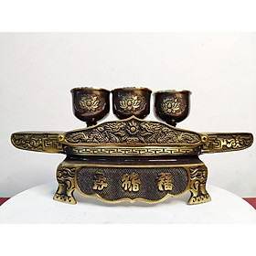 Ngai thờ 3 chén nước Phú Quý Cát Tường bằng đồng màu hun giả cổ cao cấp
