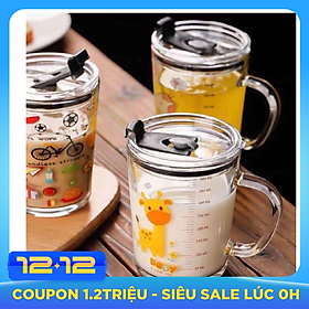 Cốc pha sữa, cốc thủy tinh chịu nhiệt thủy tinh chia vạch có nắp và ống hút tiện lợi 400ml (giao ngẫu nhiên)