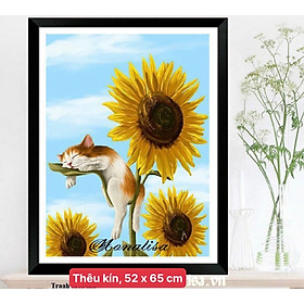 Mua Tranh thêu kín chữ thập Mèo lười trên cành hoa hướng dương DW0624  kích thước 50 x 65 cm