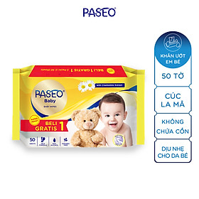 Combo 2 gói khăn ướt em bé Paseo 50 tờ chiết xuất tinh dầu hoa cúc La Mã