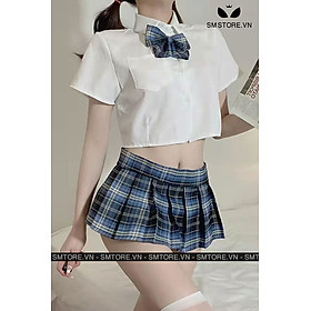 Đồ cosplay học sinh nhật bản áo sơ mi croptop và chân váy kẻ - SMS045