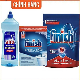 Combo viên rửa chén finish 48 viên + muối finish 1.2kg + Nước làm bóng alio 1 lít dùng cho máy rửa bát
