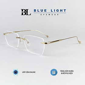 Gọng Kính Cận Giả Cận Nam Nữ Cao Cấp Titanium BLUE LIGHT Mắt Khoan Không Viền Chữ Nhật Bạc Đen Vàng Dày Dặn Cứng Nhẹ