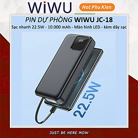 Pin sạc dự phòng 22.5W dung lượng 10.000 mah WIWU JC-18 đính kèm dây sạc iPhone iPad, PD Type-C trang bị đèn LED hiển thị pin - Hàng nhập khẩu - Màu Đen