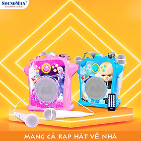 Loa SoundMax Bluetooth KIDS | Loa karaoke trẻ em SoundMax Kids | Loa quà tặng trẻ em | Công suất 20W Hỗ trợ Bluetooth USB karaoke AUX in out Đèn LED RGB Tặng 2 micro có dây - Hàng Chính Hãng - Màu Hồng