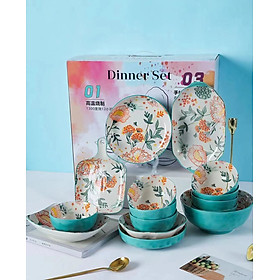 Mua Bộ set 16 món Dinner hoa cam dành cho gia đình hoa văn thổ cẩm vẽ tay ( có hộp qua  tặng)
