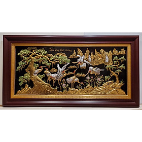 Mua Tranh đồng vàng nguyên chất liền tấm-Song Tùng Bát Hạc-Phú Quý Cát Tường-A054