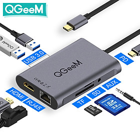 Bộ Hub USB C QGeeM 8 trong 1 4K USB sang HDMI, Type C sang Ethernet 1G, USB C sang USB 3.0 3.5mm AUX, đầu đọc thẻ Type C, Power Delivery (PD) 3.0- Hàng Chính Hãng