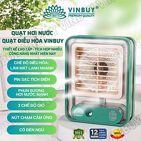 Quạt điều hòa hơi nước mini làm mát không khí để bàn nhỏ gọn, phun sương mạnh nhiều chế độ có bình đựng nước, nốt chạm cảm ứng, pin sạc tích điện, có đèn - Hàng chính hãng VinBuy