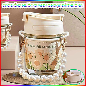 Ly Thủy Tinh Bình Nước Quai Ngọc Bao Da Hoa Chống Nóng Kèm Ông Hút Sang Chảnh 350Ml 13X8Cm