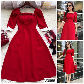 Váy đầm nữ dáng xòe tay lỡ cổ vuông xếp ly ngực đính cườm sang trọng