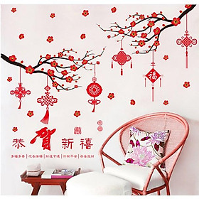 Mua Decal trang trí tết - Cành Mai treo dây đỏ chào tết