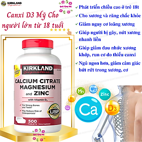 Canxi Mỹ Kirkland Signature Calcium Citrate Magnesium And Zinc with Vitamin D3 Hỗ trợ xương, cải thiện nguy cơ loãng xương, bổ sung vitamin D3, bổ sung kẽm và Magie