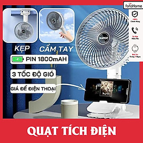 Quạt Kẹp Bàn Tích Điện SUPER Quạt Tích Điện Để Bàn 3 Tốc Độ Gió Siêu Mát Có Giá Đỡ Điện Thoại Độ Kẹp Chắc Cho Dân Văn Phòng - Hàng Nhập Khẩu