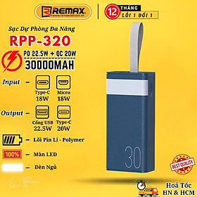 Mua Pin sạc dự phòng 30000mAh Remax RPP-320 cục sạc dự phòng hỗ trợ sạc nhanh 22.5W   tích hợp 3 cổng outputs - Hàng Chính Hãng Remax