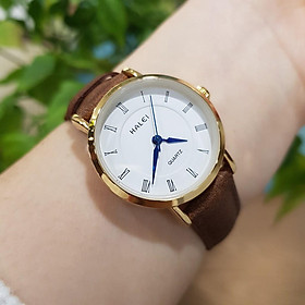 Hình ảnh Đồng hồ cặp đôi nam nữ Halei kim xanh mặt trắng dây da nâu chính hãng Tony Watch 68