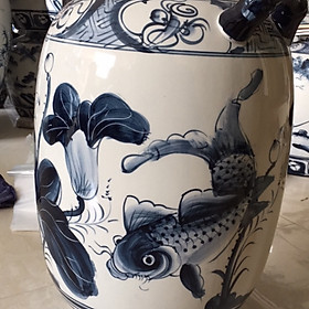 Hũ đựng gạo gốm sứ tráng men 16kg vẽ sen cá chép 