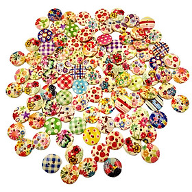100x Wood  2-Hole Buttons Mixed Flower Patterned for Sewing DIY Scrapbook 15mm