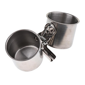 Bird Food Water Feeding Double Cups Bowl With Clip Stainless Steel Perch