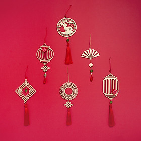 Set 6 dây treo Tết Thư pháp handmade màu đỏ COMBO T6D trang trí mai đào