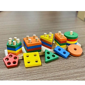 ĐỒ CHƠI MONTESSORI 5 CỌC HÌNH KHỐI-Đồ chơi gỗ an toàn, sáng tạo, phát triển trí tuệ, thông minh cho trẻ