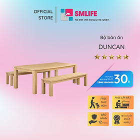 Bộ bàn ăn 2 ghế băng dài gỗ vân veneer sồi hiện đại SMLIFE Duncan Duncan | D213,3 x R99,1 x C74,9cm | gỗ Cao Su và Veneer Sồi
