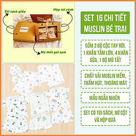 Set Quà Tặng Sơ Sinh Đầy Tháng Chất 16 Chi Tiết Chất Muslin Cho Bé Trai NB House Kids