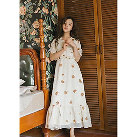 ĐẦM MAXI CỔ V PHỐI HỌA TIẾT HÌNH LÁ SIÊU DUYÊN DÁNG - NTL154