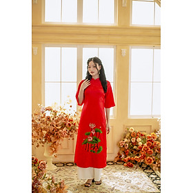 Áo dài cách tân suông đỏ lụa kết hoa sen ( size XL)