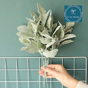 Cành lá tai lừa lụa phủ bạc từ lụa cao 35cm dùng trong thiết kế hoa cô dâu, hoa cưới, hoa decor trang trí nhà cửa