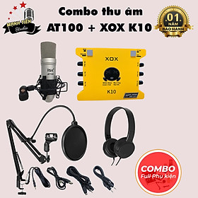 Bộ Combo livestream ISK AT100 + Sound card XOX K10 jubilee - Kèm full phụ kiện kẹp micro, màng lọc, tai nghe chụp tai - Thu âm, livestream, karaoke online chuyên nghiệp trên cả điện thoại lẫn máy tính - Hàng chính hãng