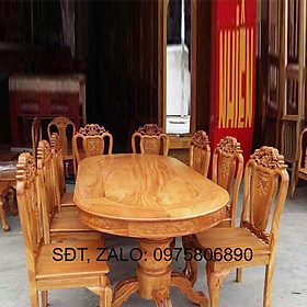 Bộ bàn ăn gỗ gõ 8 gế kiểu oval vân gỗ đẹp