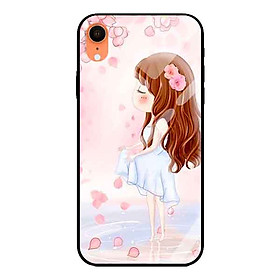 Ốp lưng kính cường lực cho iPhone Xr Nền Cô Gái Váy Trắng Nền Hoa Đào - Hàng Chính Hãng