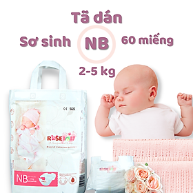 Bịch Bỉm Dán Rose Baby Size NB60 60 miếng Có Rãnh Tránh Rốn