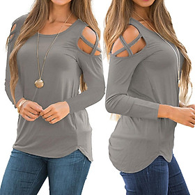 Women Solid Strappy Cold Shoulder Tops Long Sleeves T Shirt Blouse - S