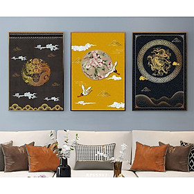 Bộ 3 Tranh Nghệ Thuật Phong Cách Phương Đông - Tranh In Vải Canvas, Khung Composite Cao Cấp