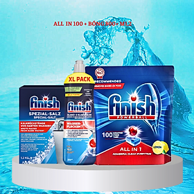 Combo Viên rửa bát fnish All in one 100 viên+Dung dịch nước làm bóng finish 750ml+Muối rửa bát chén finish 750ml cho Máy rửa bát