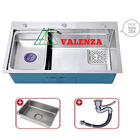 Chậu rửa chén bát Valenza 1 hố lớn 78x46cm inox304 chuẩn 100% dày 3,5li, kèm bộ xả thoát nhanh chống hôi, khay inox rửa phụ-Hàng chính hãng