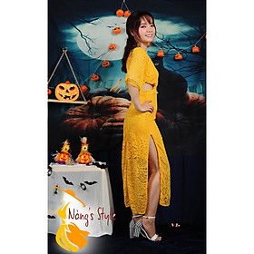 Đầm maxi ren vàng hở eo