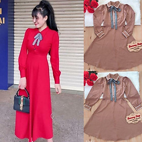 Đầm xòe Tiểu Thư tay dài cổ viền ren cột nơ caro Cao Cấp