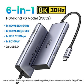Hub USB-C 6 in 1 Ugreen 15852 CM948 2* HDMI + 2* USB 3.0, 1* USB-C Data 5Gbps, Hỗ Trợ 8K30Hz 4K60Hz, PD100W hàng chính hãng