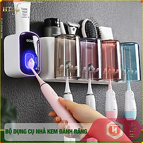 Bộ dụng cụ nhả kem đánh răng tự động 2/3/4 cốc và giá treo bàn chải đa năng HT SYS-ECOCO-Chất liệu ABS cao cấp + 01 sét móc vàng tài lộc - Hàng Nhập Khẩu